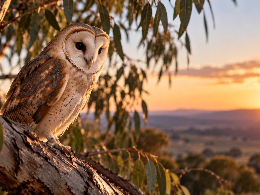 Owl perched in a eucalyptus tree, representing knowledge, experience and judgement